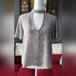 🧡3/15 Kaii Los Angeles Bird Floral Print Top Decorative Front Buttons Women's S
